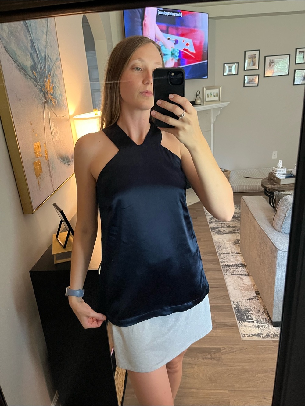 Navy Blue Satin Halter Women's Top